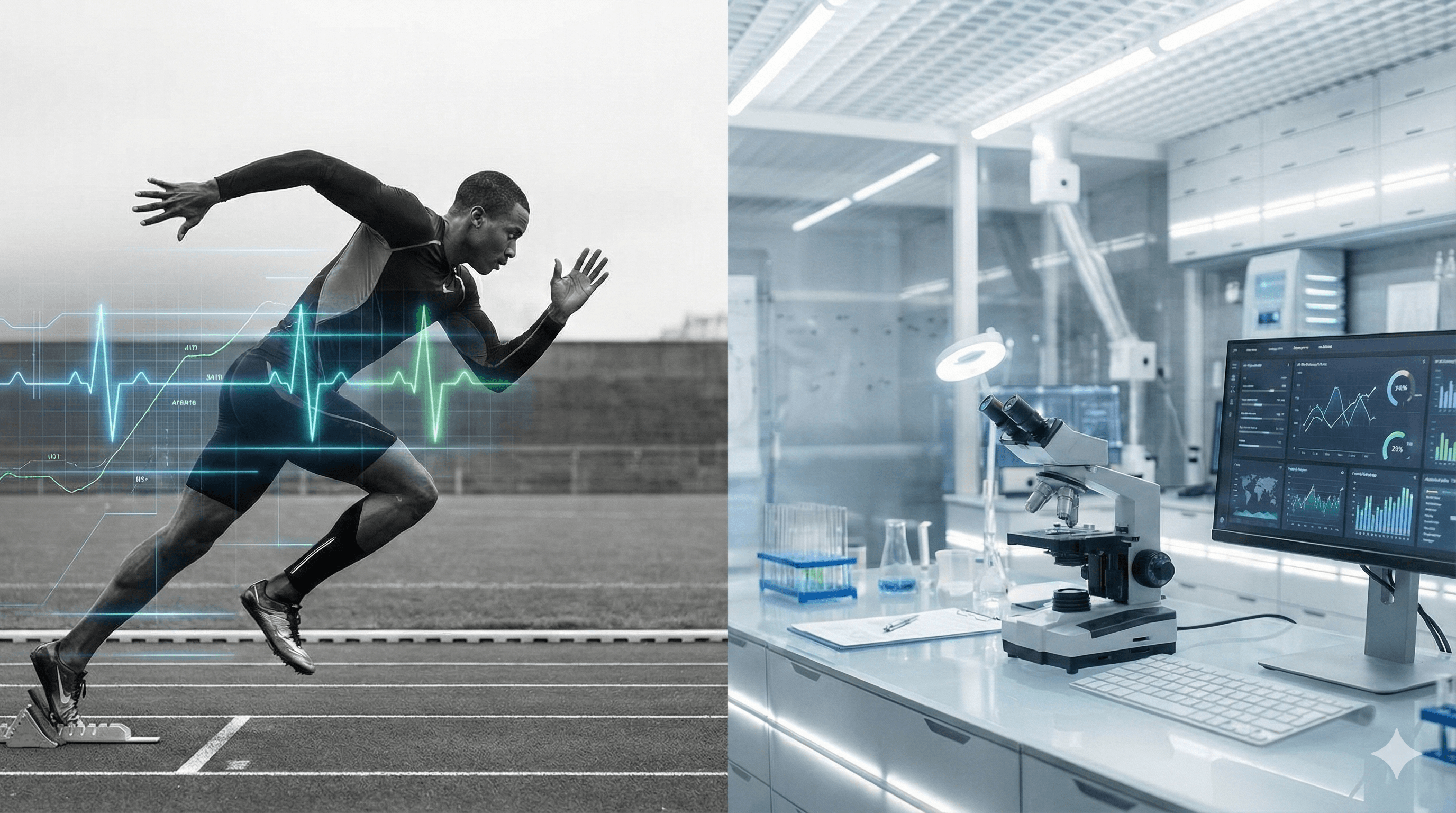 Løper i startposisjon med vitenskapelige data og laboratorieutstyr